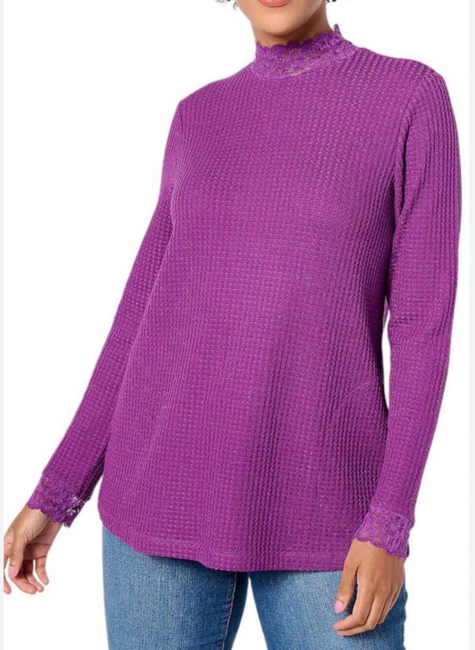LOGO by Lori Goldstein Women's Metallic Waffle Knit Mock Neck Grape purple tunic